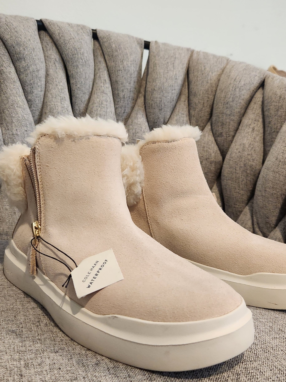 Cole Haan Cream Suede Faux Fur Zip-Up Ankle Booties